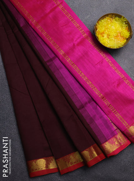 Silk cotton saree coffee brown and pink with plain body and zari woven border