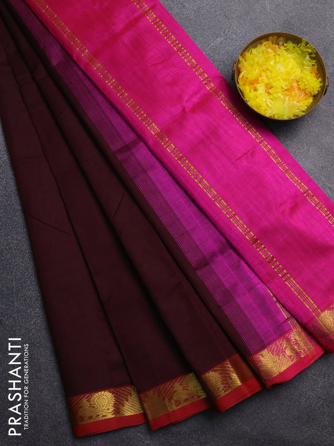 Silk cotton saree coffee brown and pink with plain body and zari woven border