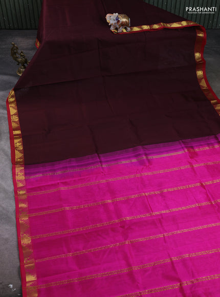 Silk cotton saree coffee brown and pink with plain body and zari woven border