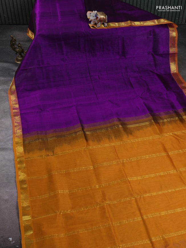 Silk cotton saree deep purple and mustard yellow with plain body and zari woven border
