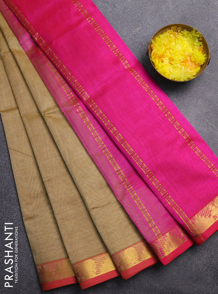 Silk cotton saree sandal and pink with plain body and zari woven border