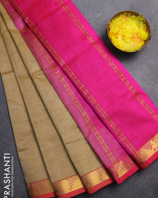 Silk cotton saree sandal and pink with plain body and zari woven border