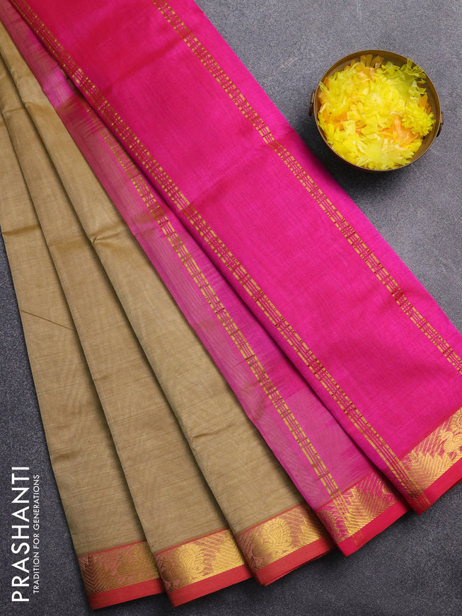 Silk cotton saree sandal and pink with plain body and zari woven border