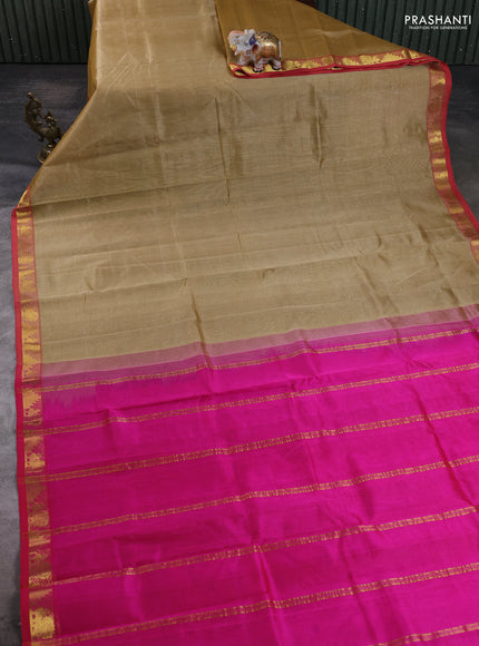Silk cotton saree sandal and pink with plain body and zari woven border