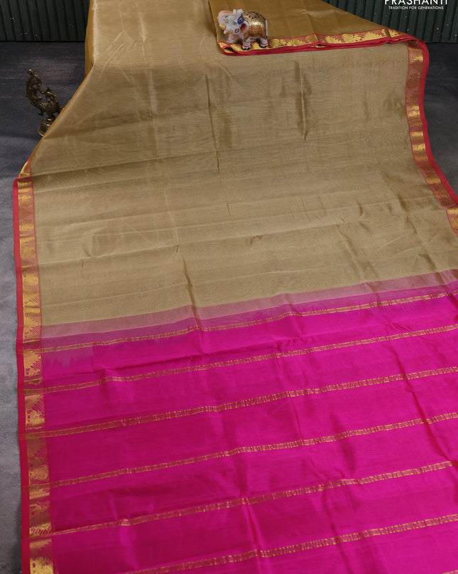 Silk cotton saree sandal and pink with plain body and zari woven border