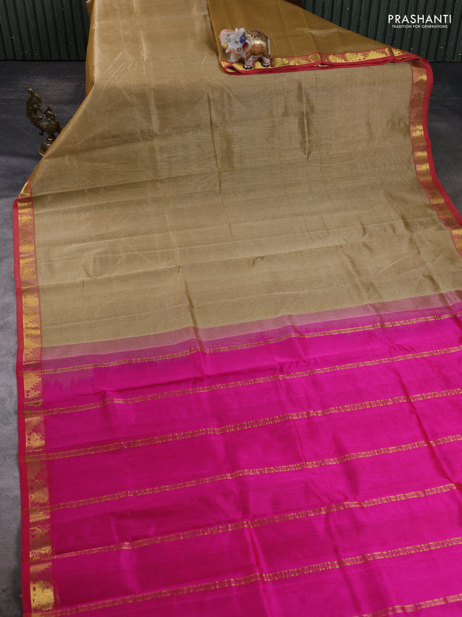 Silk cotton saree sandal and pink with plain body and zari woven border