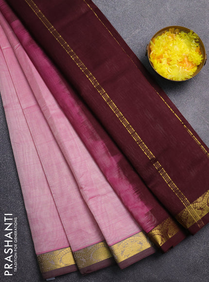 Silk cotton saree light pink and deep wine with plain body and zari woven border