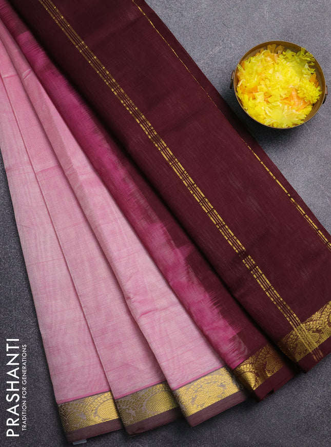 Silk cotton saree light pink and deep wine with plain body and zari woven border