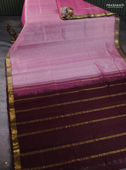 Silk cotton saree light pink and deep wine with plain body and zari woven border