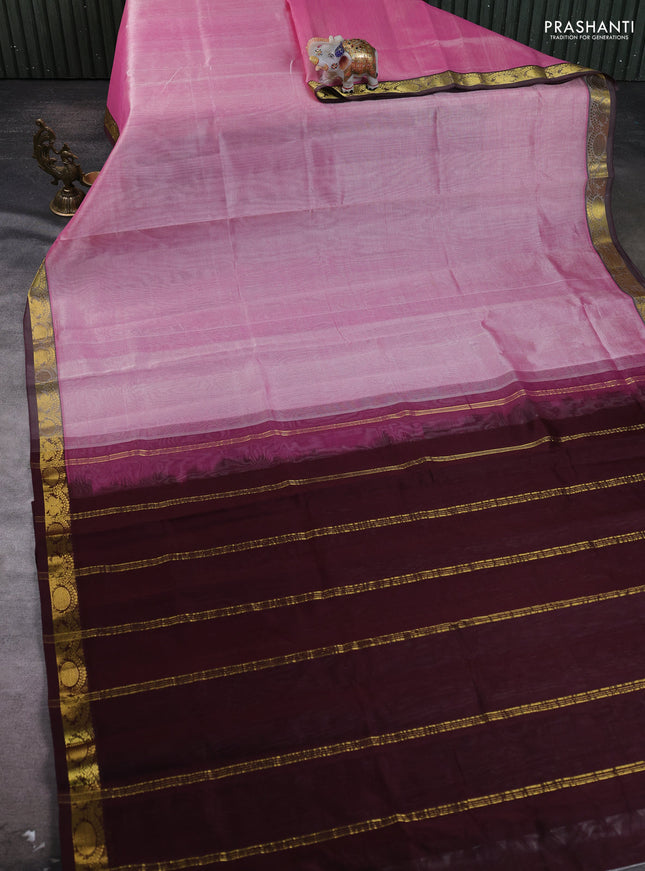 Silk cotton saree light pink and deep wine with plain body and zari woven border