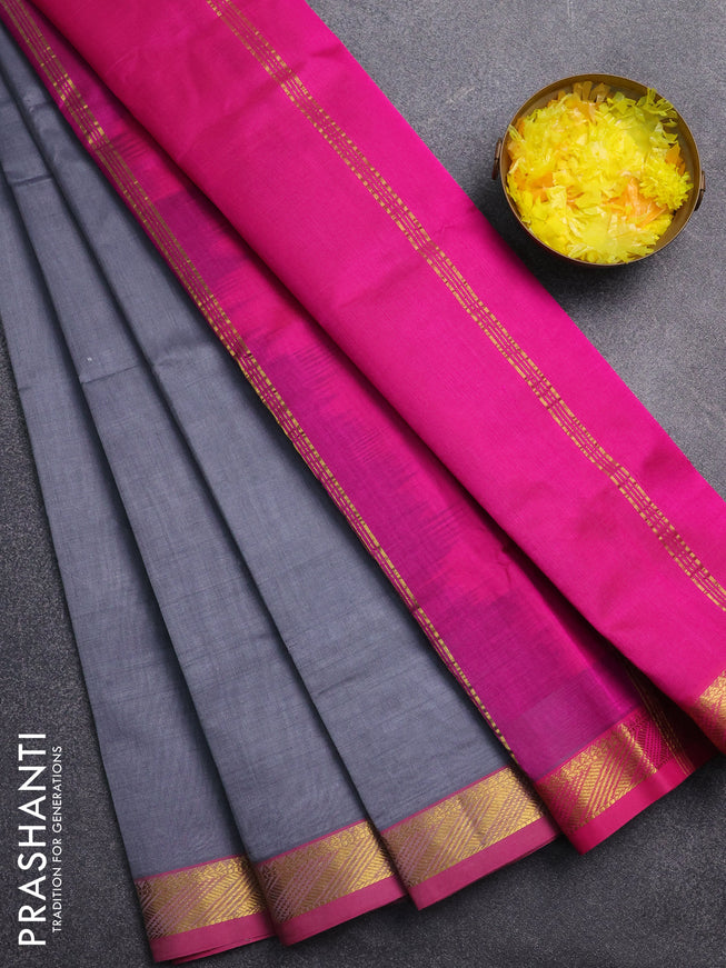 Silk cotton saree grey and pink with plain body and zari woven border