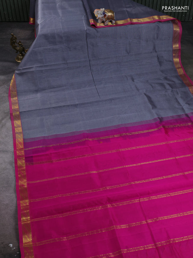 Silk cotton saree grey and pink with plain body and zari woven border