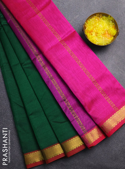 Silk cotton saree green and pink with plain body and zari woven border