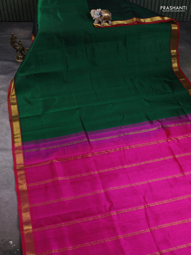 Silk cotton saree green and pink with plain body and zari woven border