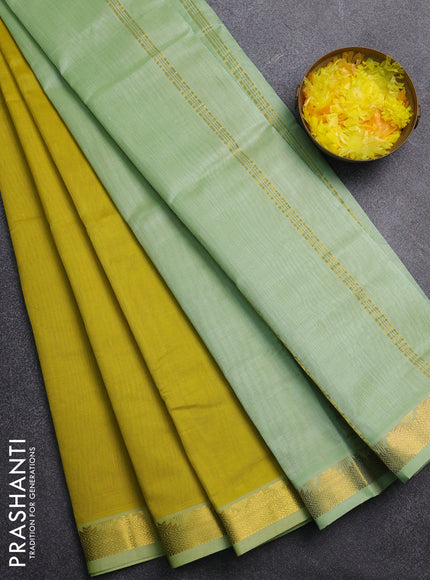 Silk cotton saree lime yellow and pista green with plain body and zari woven border