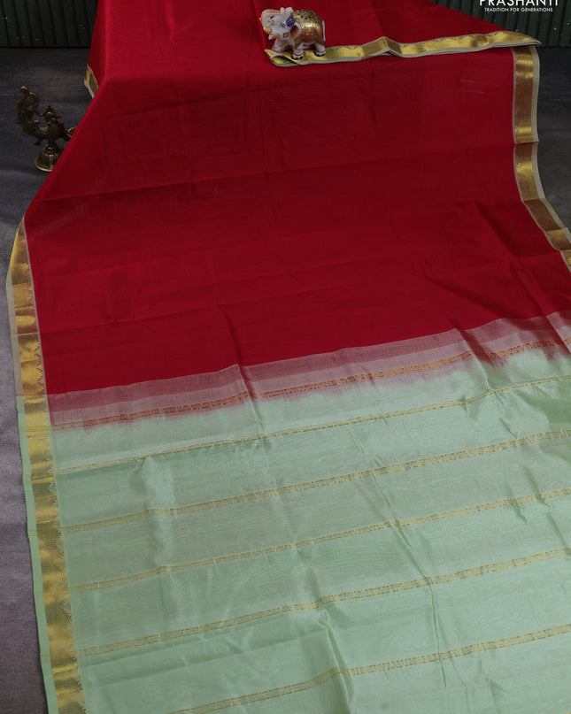 Silk cotton saree red and pista green with plain body and zari woven border