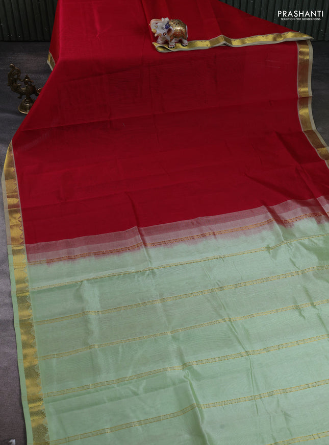 Silk cotton saree red and pista green with plain body and zari woven border