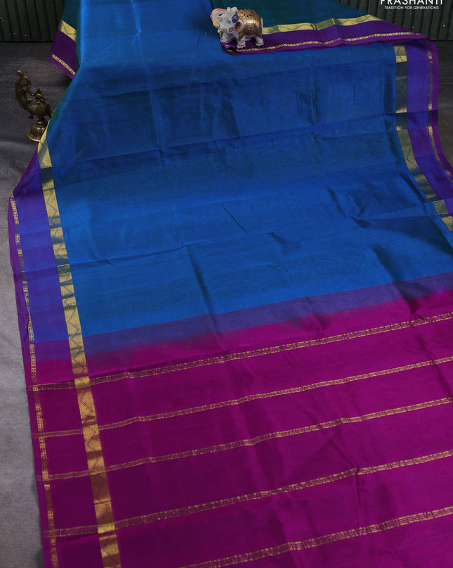 Silk cotton saree teal blue and purple with plain body and zari woven border