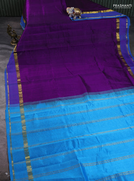 Silk cotton saree deep purple and cs blue with plain body and rettapet zari woven border