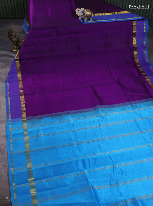Silk cotton saree deep purple and cs blue with plain body and rettapet zari woven border