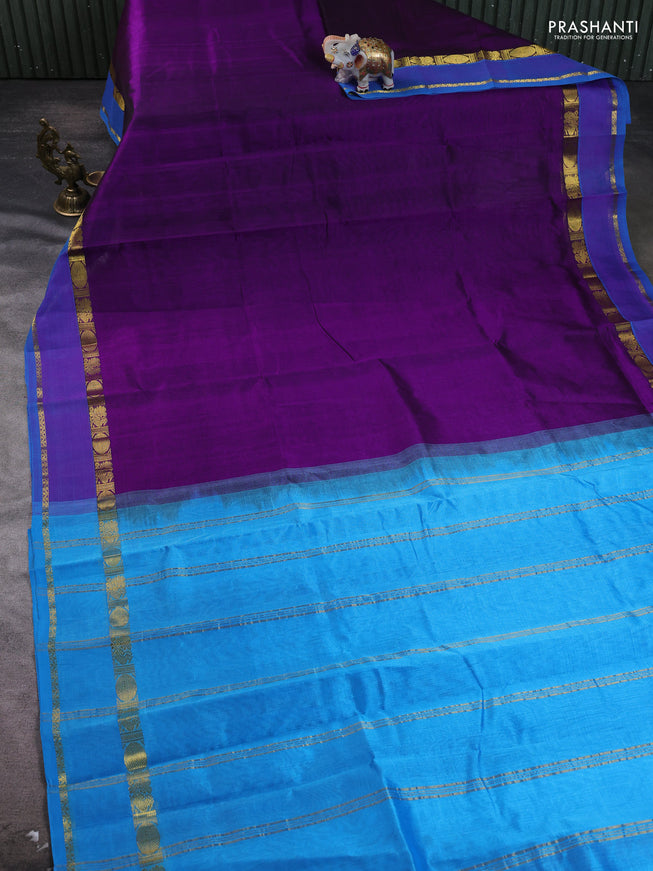 Silk cotton saree deep purple and cs blue with plain body and rettapet zari woven border