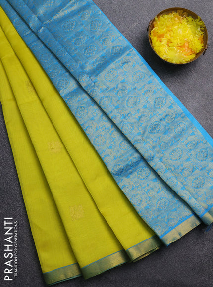 Silk cotton saree lime yellow and cs blue with annam zari woven buttas and zari woven border
