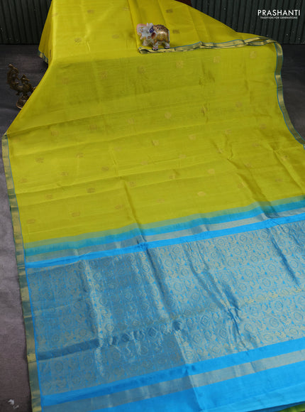 Silk cotton saree lime yellow and cs blue with annam zari woven buttas and zari woven border