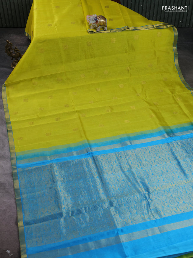 Silk cotton saree lime yellow and cs blue with annam zari woven buttas and zari woven border