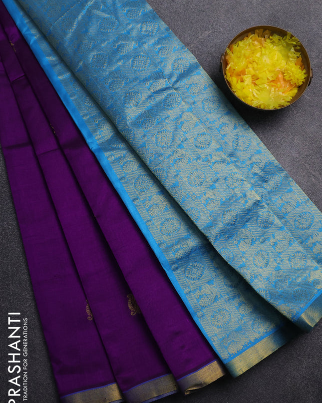 Silk cotton saree purple and cs blue with annam zari woven buttas and zari woven border