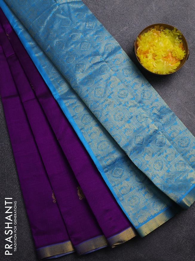 Silk cotton saree purple and cs blue with annam zari woven buttas and zari woven border