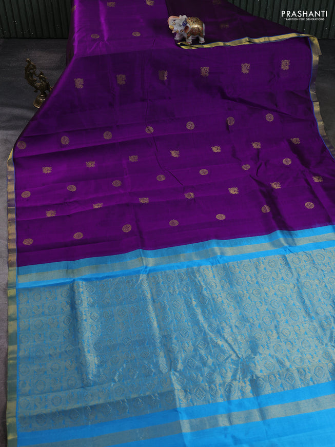 Silk cotton saree purple and cs blue with annam zari woven buttas and zari woven border