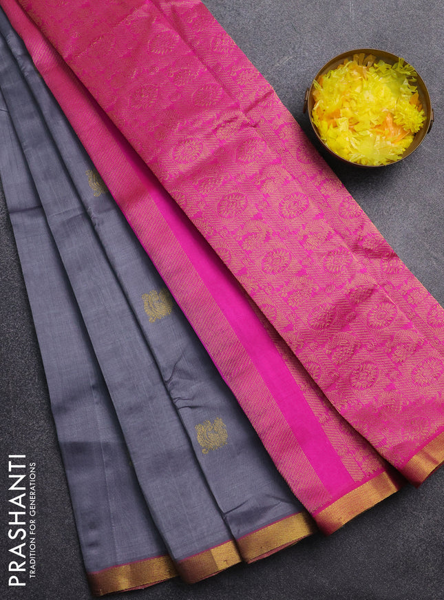 Silk cotton saree grey and pink with annam zari woven buttas and zari woven border