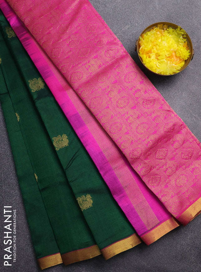 Silk cotton saree green and pink with annam zari woven buttas and zari woven border