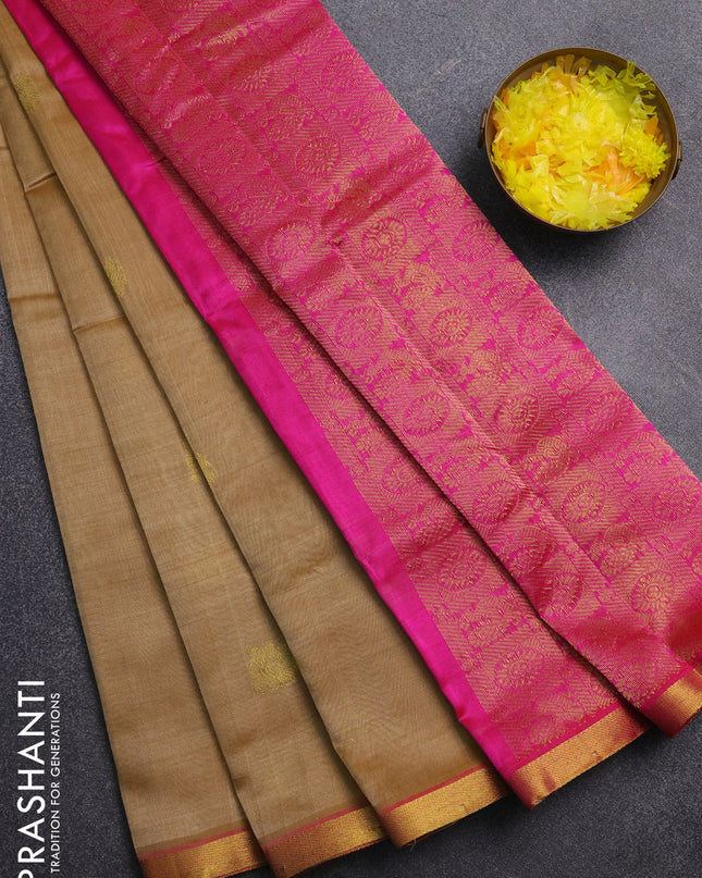 Silk cotton saree sandal and pink with annam zari woven buttas and zari woven border