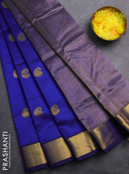 Silk cotton saree blue with paisley zari woven buttas and zari woven border