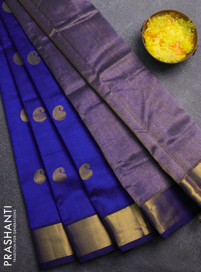 Silk cotton saree blue with paisley zari woven buttas and zari woven border