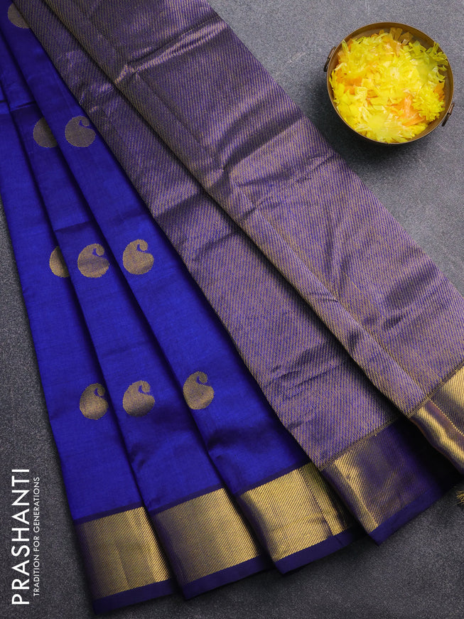 Silk cotton saree blue with paisley zari woven buttas and zari woven border