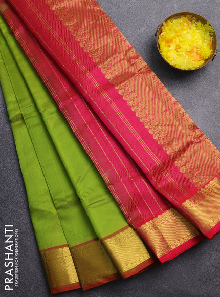 Silk cotton saree light green and pink with allover vairaosi pattern and zari woven border
