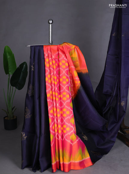 Pure soft silk saree navy blue and dual shade of pinkish orange with zari woven floral buttas in borderless style