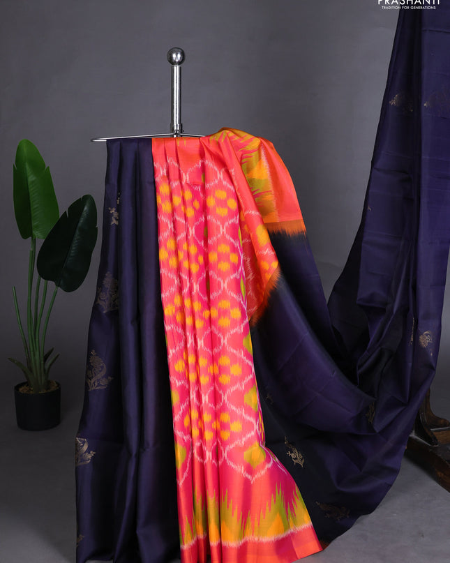 Pure soft silk saree navy blue and dual shade of pinkish orange with zari woven floral buttas in borderless style