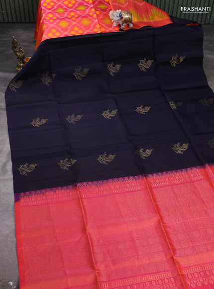 Pure soft silk saree navy blue and dual shade of pinkish orange with zari woven floral buttas in borderless style