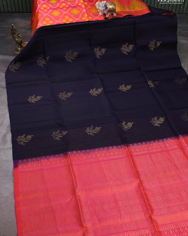 Pure soft silk saree navy blue and dual shade of pinkish orange with zari woven floral buttas in borderless style