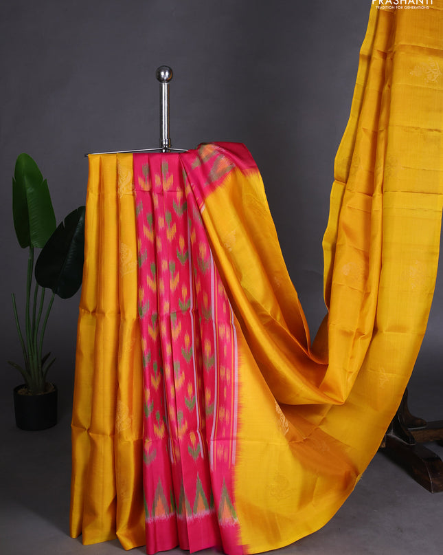 Pure soft silk saree mustard yellow and pink with zari woven floral buttas in borderless style