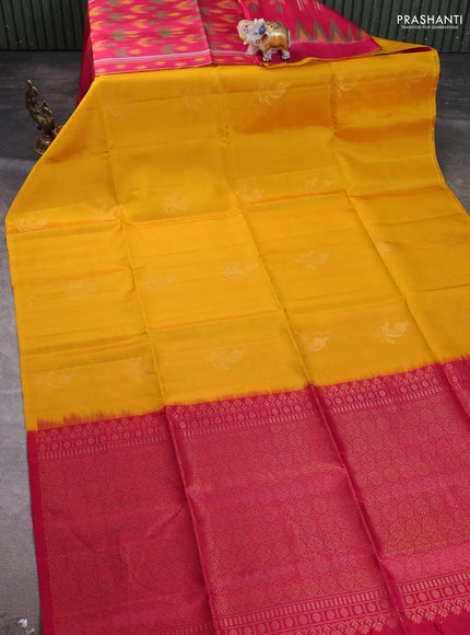 Pure soft silk saree mustard yellow and pink with zari woven floral buttas in borderless style