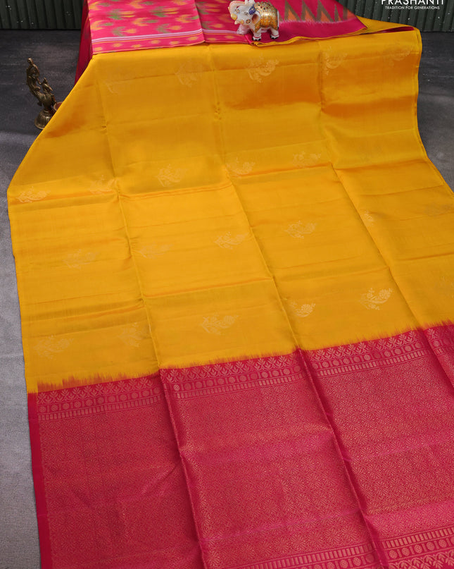 Pure soft silk saree mustard yellow and pink with zari woven floral buttas in borderless style