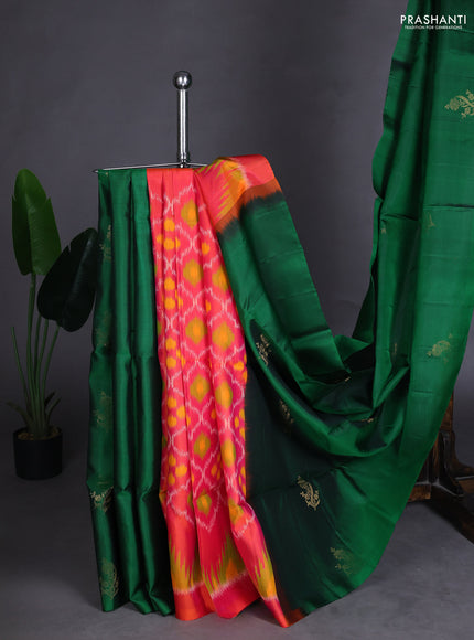 Pure soft silk saree green and dual shade of pinkish orange with zari woven floral buttas in borderless style