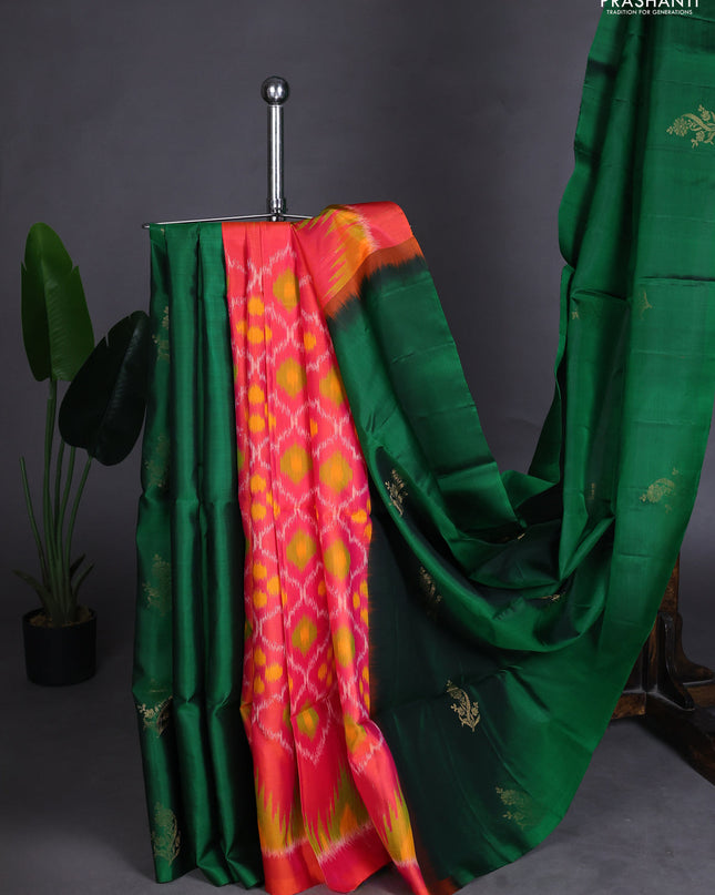 Pure soft silk saree green and dual shade of pinkish orange with zari woven floral buttas in borderless style