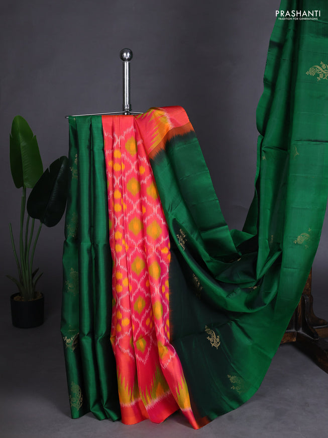 Pure soft silk saree green and dual shade of pinkish orange with zari woven floral buttas in borderless style