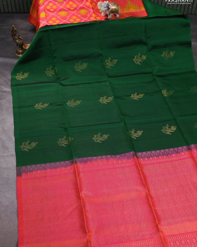 Pure soft silk saree green and dual shade of pinkish orange with zari woven floral buttas in borderless style