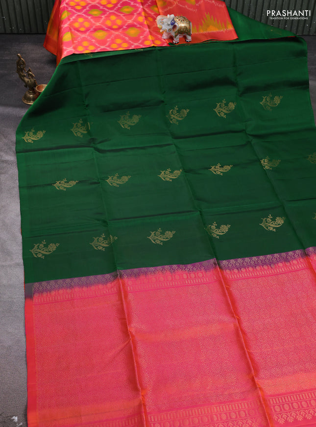 Pure soft silk saree green and dual shade of pinkish orange with zari woven floral buttas in borderless style